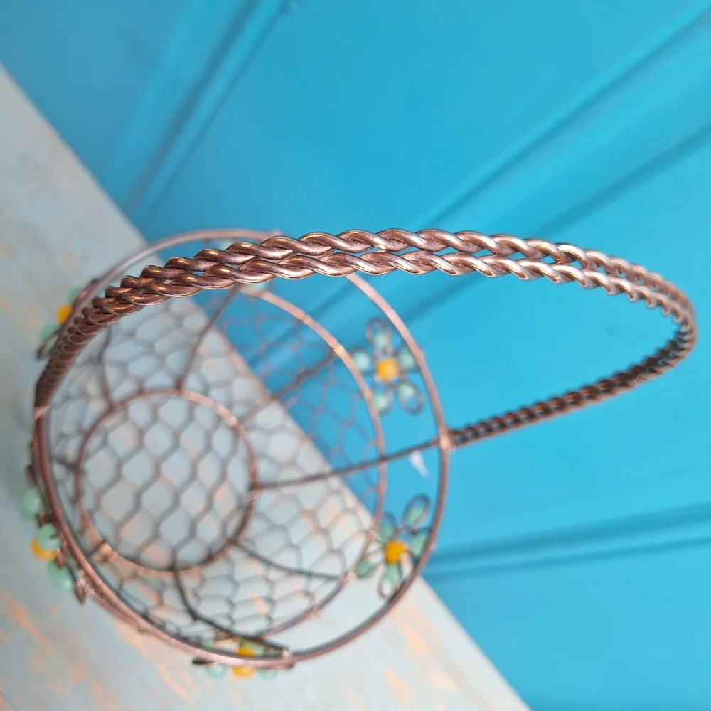 Beaded Easter Basket Silver Metal Woven Steel Aluminum Container w Handle Silver